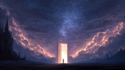 Mystical Doorway Opening to Bright Light Under Starry Sky with Dramatic Clouds and Silhouette of Person in Fantasy Landscape