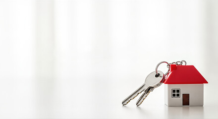 Miniature house model with red roof and keys on a bright surface, symbolizing the joy of buying a new home and the excitement of moving into a new space