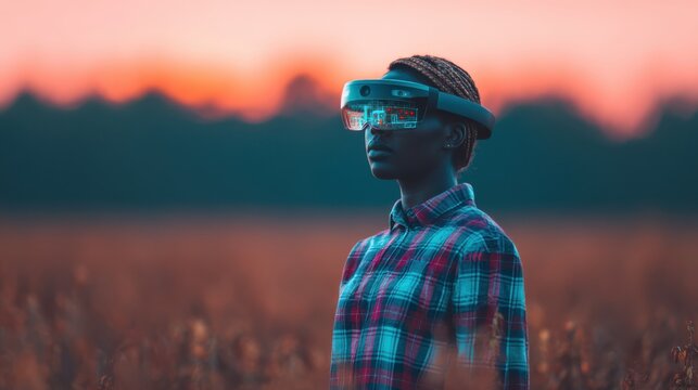 A person wearing augmented reality glasses stands in a field during sunset, showcasing the intersection of technology and nature.