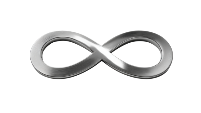 Silver metallic infinity symbol, a visual representation of endlessness, eternity, and perpetual motion. Transparent background
