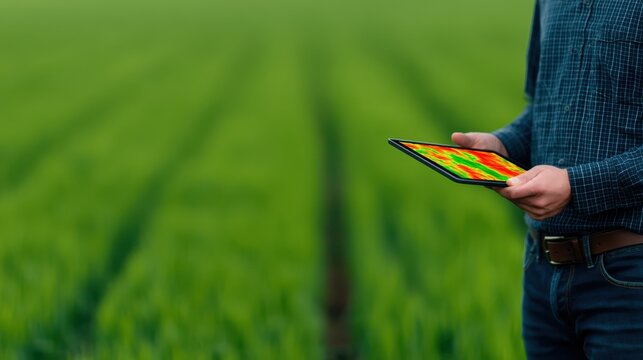 A person stands in a green field, holding a tablet displaying colorful data, combining technology with agriculture.