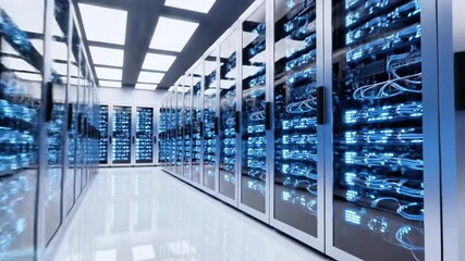 Server room with glass-fronted racks, glowing neon-blue data visualizations - Powered by Adobe