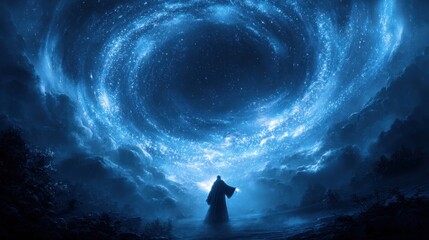 Mystical Figure Standing in Surreal Cosmic Night Sky with Spiral Galaxy and Bright Stars