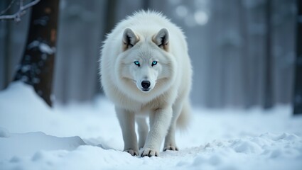 A magnificent white wolf with striking blue eyes strides confidently through a snowy forest.