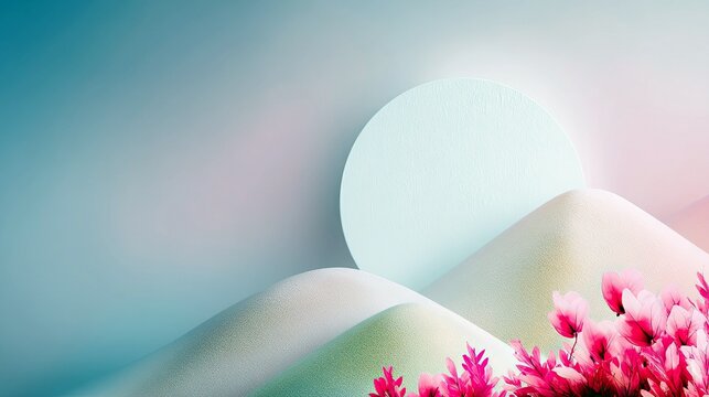 An abstract landscape featuring geometric shapes, flowers, and soft lighting, creating a dreamy and artistic composition.