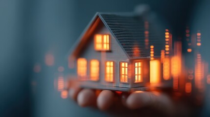 A hand holds a miniature house, illuminated with glowing windows, symbolizing real estate and investment in a digital context.