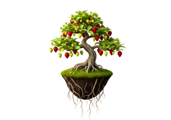 Magical floating tree with colorful fruits isolated on transparent background