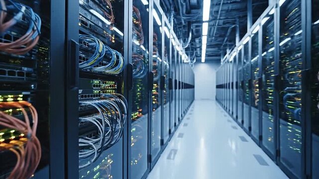 Pan across rows of server racks where networking hubs blink frantically under heavy load.