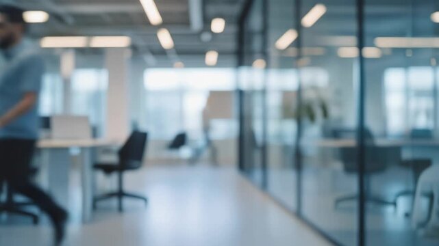 Modern office interior bustling with diverse professionals walking and working in bright light-filled collaborative workspaces with glass walls and contemporary furniture