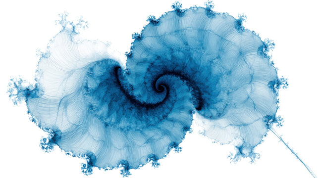 Blue fractal spiral abstract pattern generating complexity and infinity, digital mathematical visualization, transparent background