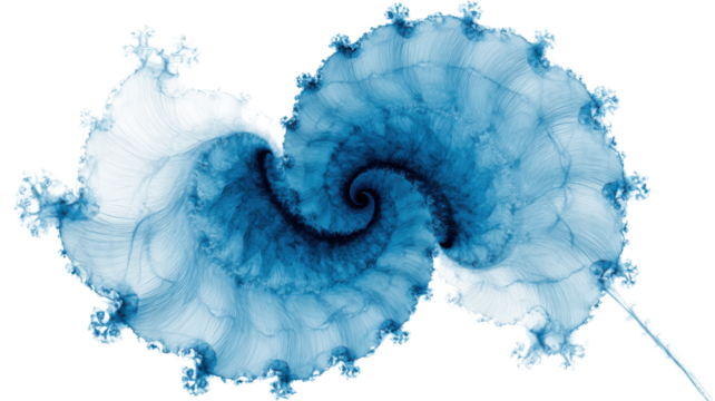 Blue fractal spiral abstract pattern generating complexity and infinity, digital mathematical visualization, transparent background