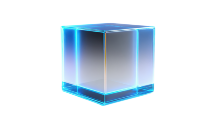 Futuristic transparent glass cube generating blue neon light, featuring glowing digital technology and abstract design