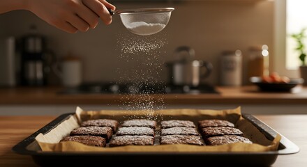 Hand sifting powdered sugar onto freshly baked chocolate brownies on a baking sheet in a cozy home kitchen