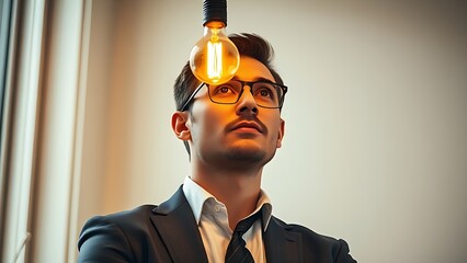 infesting. Business professional contemplating innovative solutions with warm lightbulb glow. pitch deck slides, case study pages, designed for brand storytelling and e-commerce strategy.