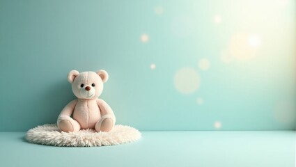A light teal colored  backdrop displays a seated teddy bear on a fluffy rug, with soft bokeh lighting.