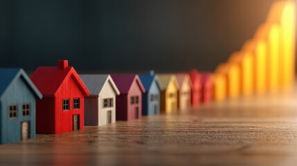 A row of colorful miniature houses with a rising bar chart in the background, symbolizing growth in the real estate market.