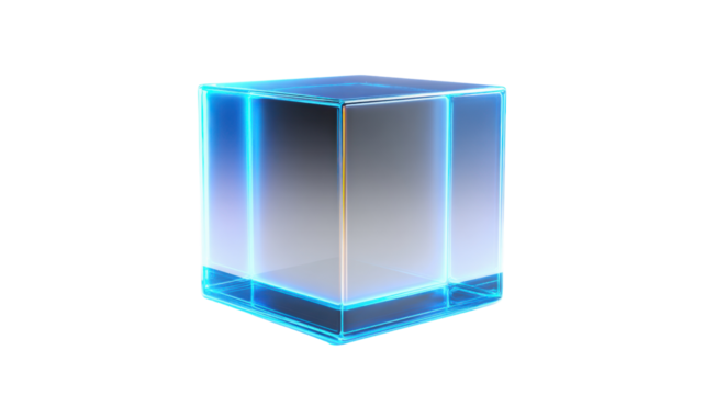 Futuristic transparent glass cube generating blue neon light, featuring glowing digital technology and abstract design