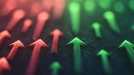 Abstract graphic of upward arrows in red and green hues, symbolizing growth, progress, or market trends against a dark background.
