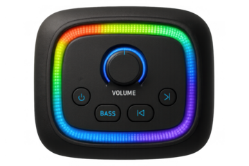 Black wireless speaker playing audio with colorful light effects, featuring bass button and playback navigation