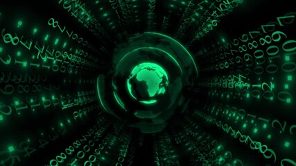 Turquoise color globe rotating and flowing into binary code 3d tunnel hi tech design dark technology background - Powered by Adobe