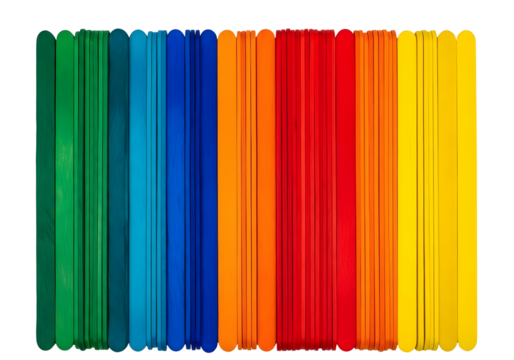 Colorful craft sticks arranged in a rainbow pattern isolated on transparent background