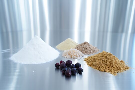 Assortment of dried ingredients and berries on a reflective surface