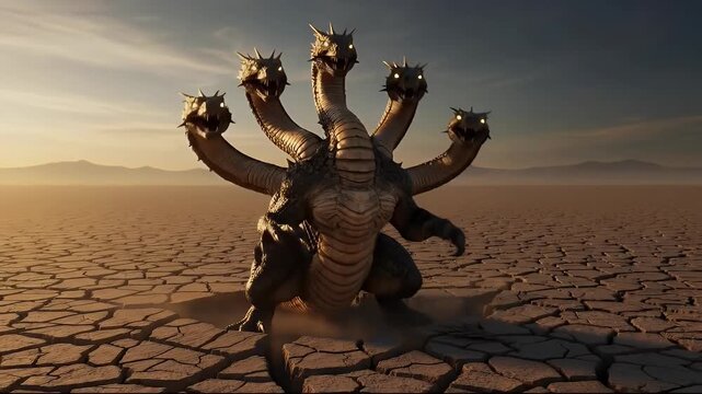 Mythical multi headed hydra dragon monster emerging from a cracked barren wasteland