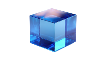 Blue transparent glass cube or block, 3d abstract geometric shape, crystal structure technology concept