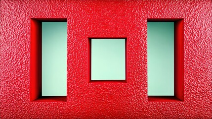 Close-up of a textured red surface with rectangular and square openings, creating an abstract and modern design.