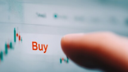A person"s finger hovers over a "Buy" button on a digital trading platform, indicating a financial decision.