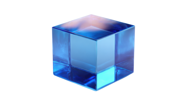 Blue transparent glass cube or block, 3d abstract geometric shape, crystal structure technology concept
