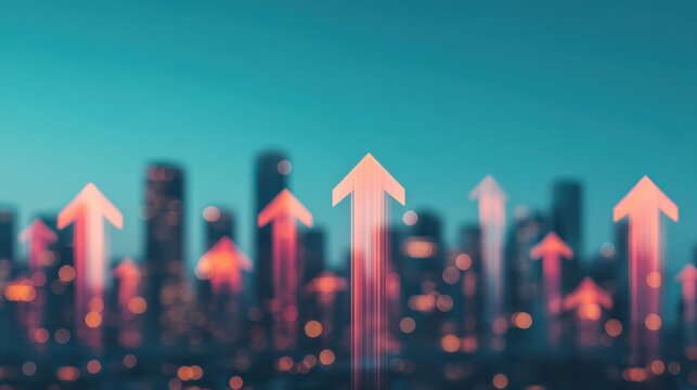 A vibrant city skyline features upward arrows, symbolizing growth and progress, against a soft-focus background of urban lights.
