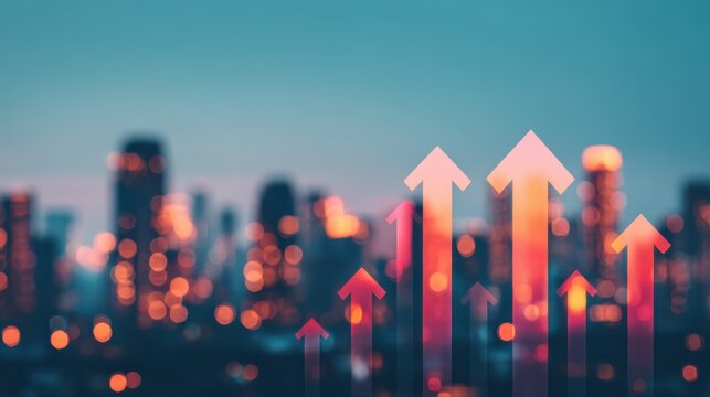 A blurred cityscape with upward-pointing arrows symbolizes growth and progress in a vibrant, dynamic environment.