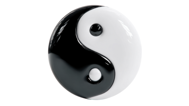 Yin yang symbol representing duality, balance, harmony, and interconnectedness on a transparent background
