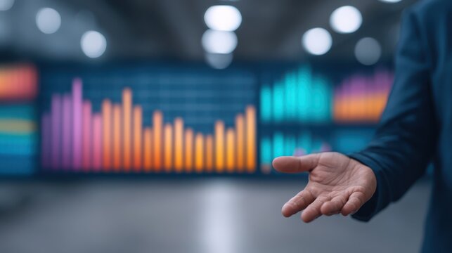 A professional business environment with a person gesturing towards colorful data visualizations in the background, indicating analysis or presentation.
