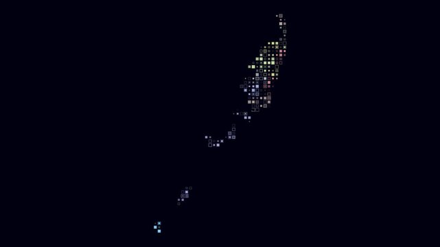Palau animated country shape. Pulsating colored dots on the map of the country. Small size square blocks. Digital style Palau map on dark background. Stylish animation video.