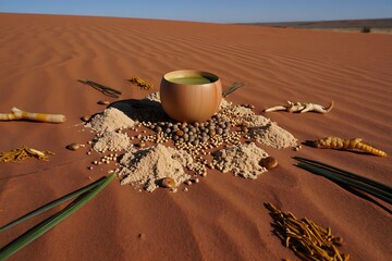 Ceremonial tea offering in a vast desert landscape