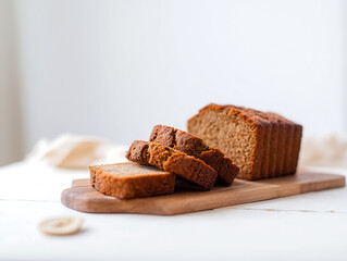Freshly Baked Sliced Loaf of Banana Bread on Wooden Board