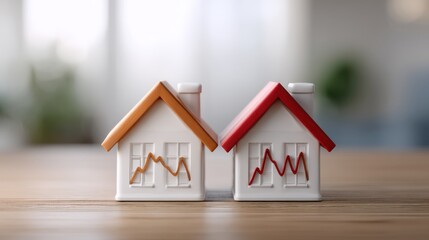 Two miniature houses with colored roofs display rising and falling graphs, symbolizing real estate market trends and property value fluctuations.