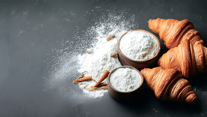 Freshly Baked Croissants with Flour and Ingredients