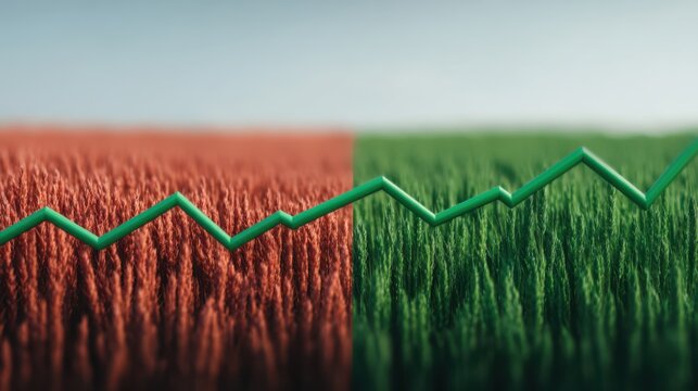 A stylized graphic showing contrasting fields of red and green grass, with a green trend line symbolizing growth or change.