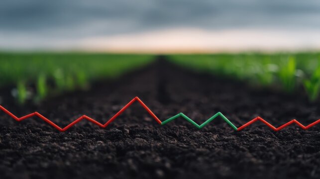A close-up view of soil with a fluctuating graph line superimposed, symbolizing agricultural trends and economic data in a green field.