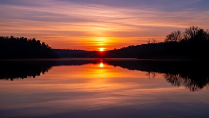 Obraz premium Serene Sunset Reflection on Calm Lake Water.