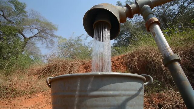 Fresh water gushing from a metal pipe into a galvanized bucket in a rustic outdoor setting, highlighting water collection.