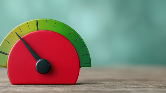 A colorful speedometer with a red base and green scale, indicating measurement, sits on a wooden surface against a soft background.