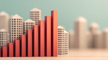 A stylized bar graph in vibrant red rises among miniature buildings, symbolizing growth and urban development in a soft-focus background.