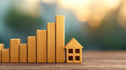 A wooden bar graph rises alongside a small house model, symbolizing growth in the housing market with a blurred background.