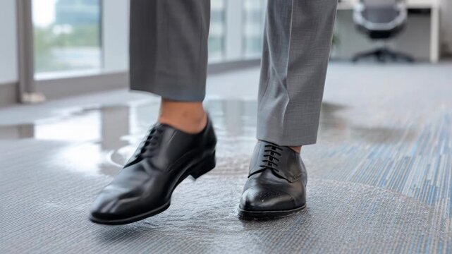 Close-up of a person in grey suit pants and black dress shoes walking carefully through a puddle of water on an office carpet.
