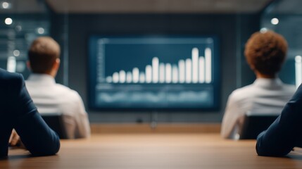 A group of professionals watching a data presentation with a rising graph on a large screen in a modern meeting room.