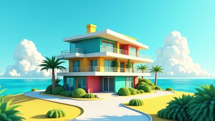 A vibrant, colorful beachfront house stands on a tropical island, bathed in sunshine and surrounded by lush vegetation, with a vibrant and whimsical aesthetic.